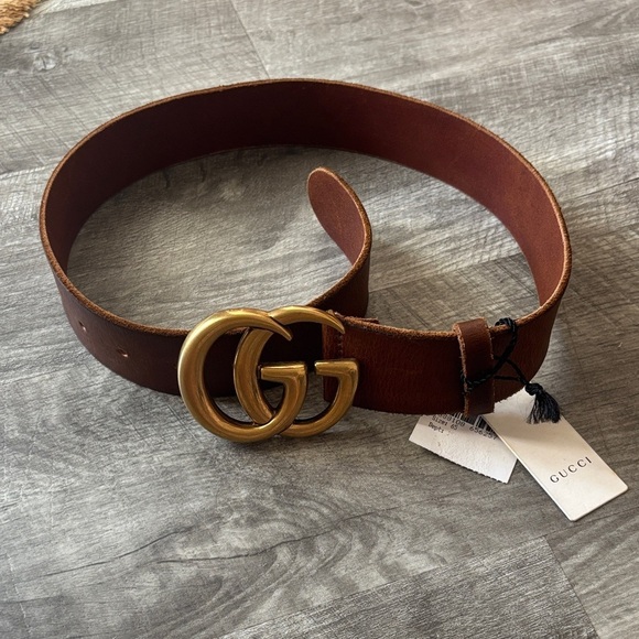 Gucci Marmont Wide Cognac Leather Brown Belt with Gold GG Emblem main image 7